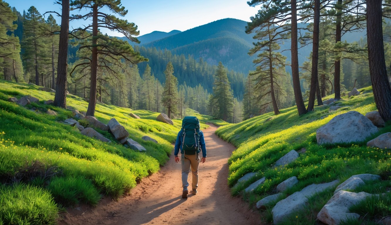A backpacker walking on a forest trail surrounded by tall trees, wildflowers, and distant mountains under a clear blue sky.