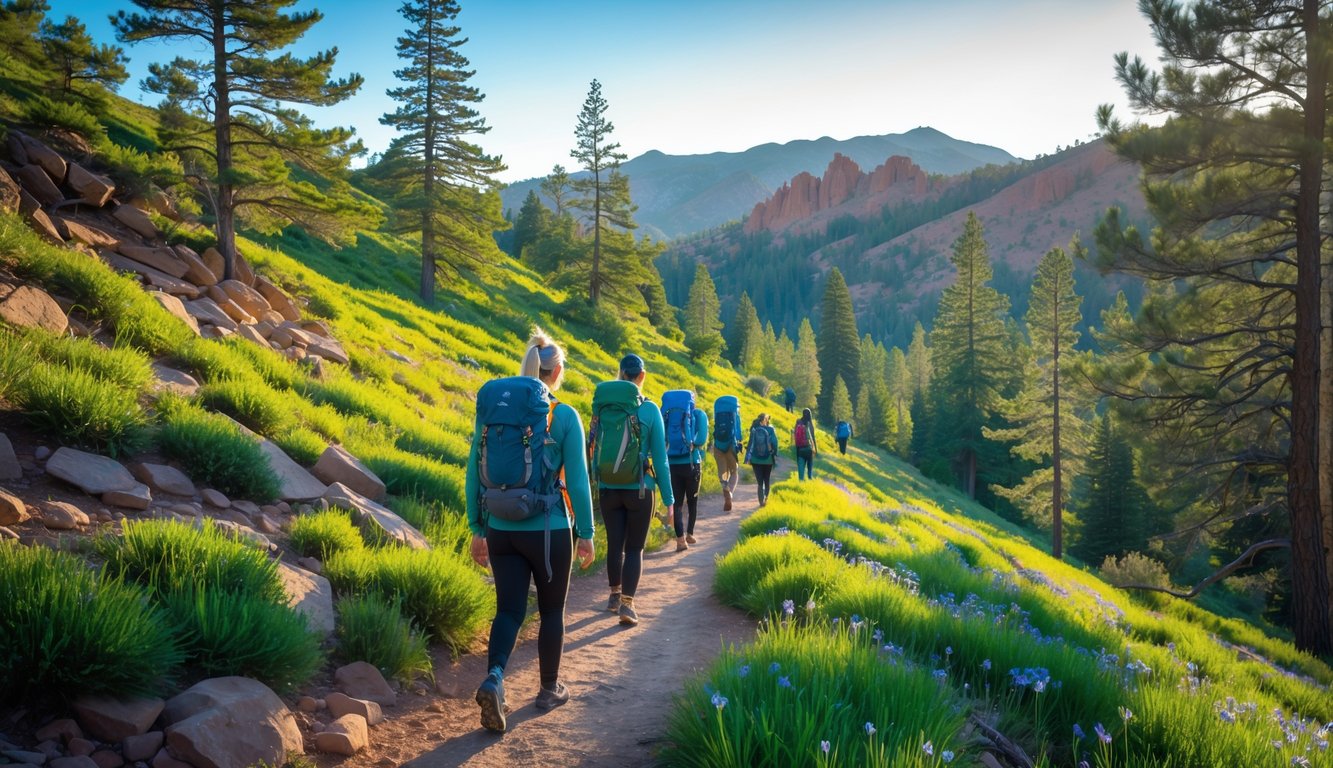 Hikers walking on a forest trail surrounded by green trees and mountains under a clear sky.