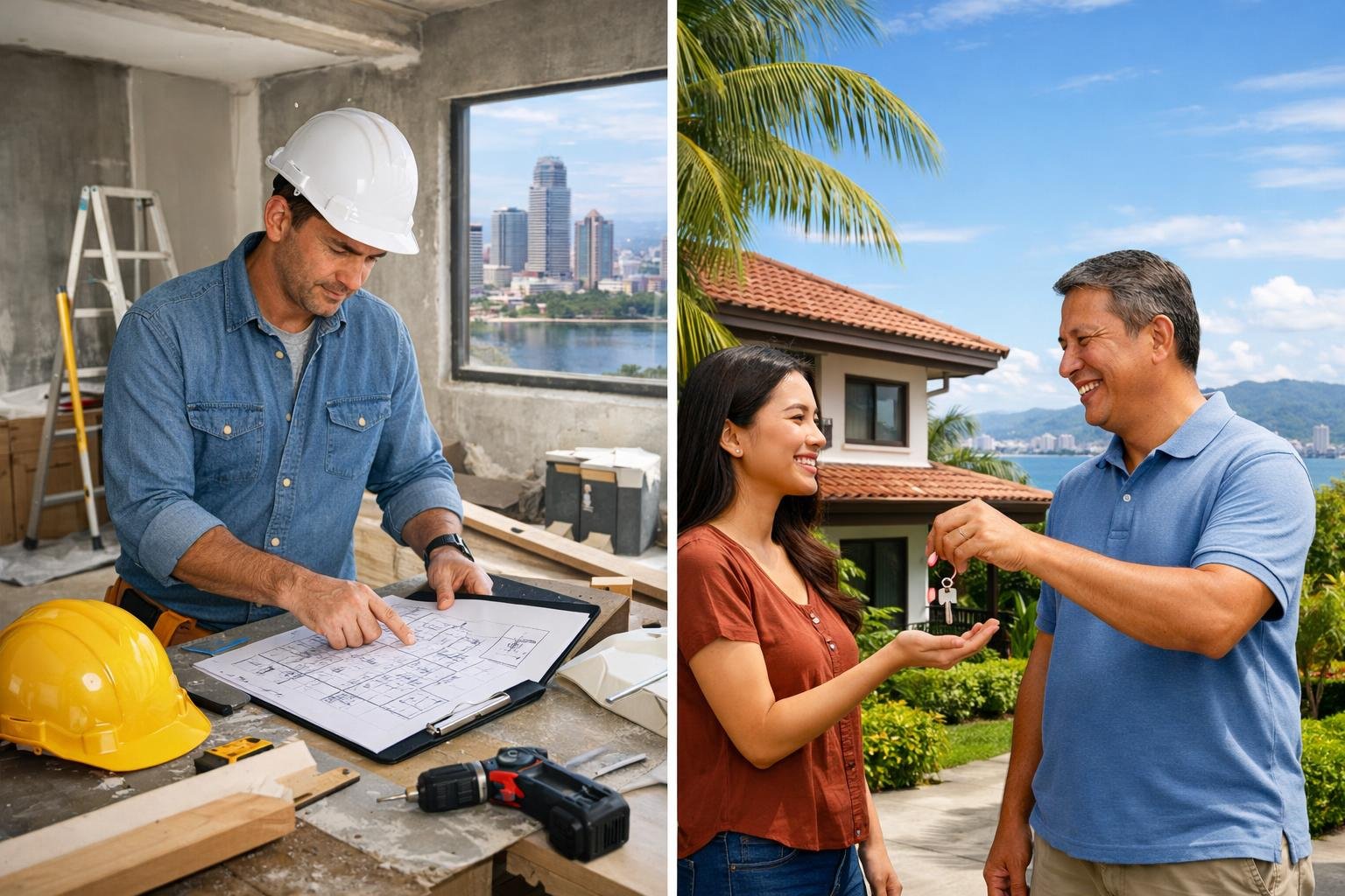 Split scene showing a person reviewing renovation plans inside a property and another person handing keys to a tenant outside a rental home in Cebu.