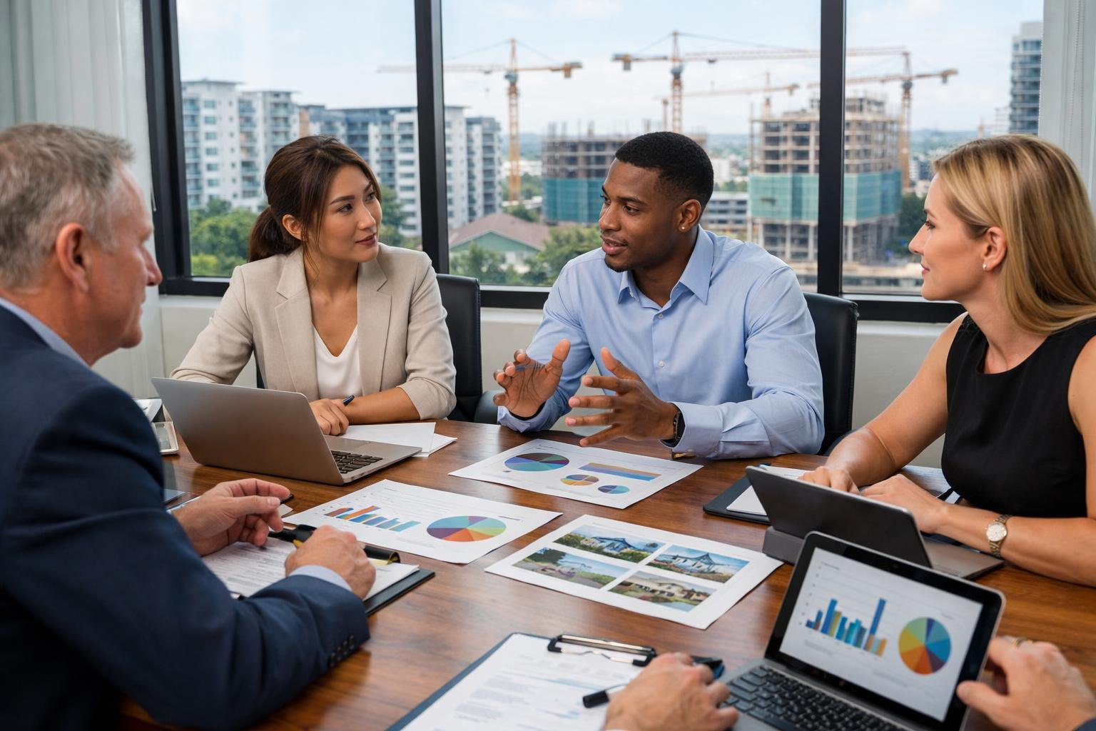 Business professionals discussing financial documents and charts in an office with a cityscape of residential buildings visible through the window.