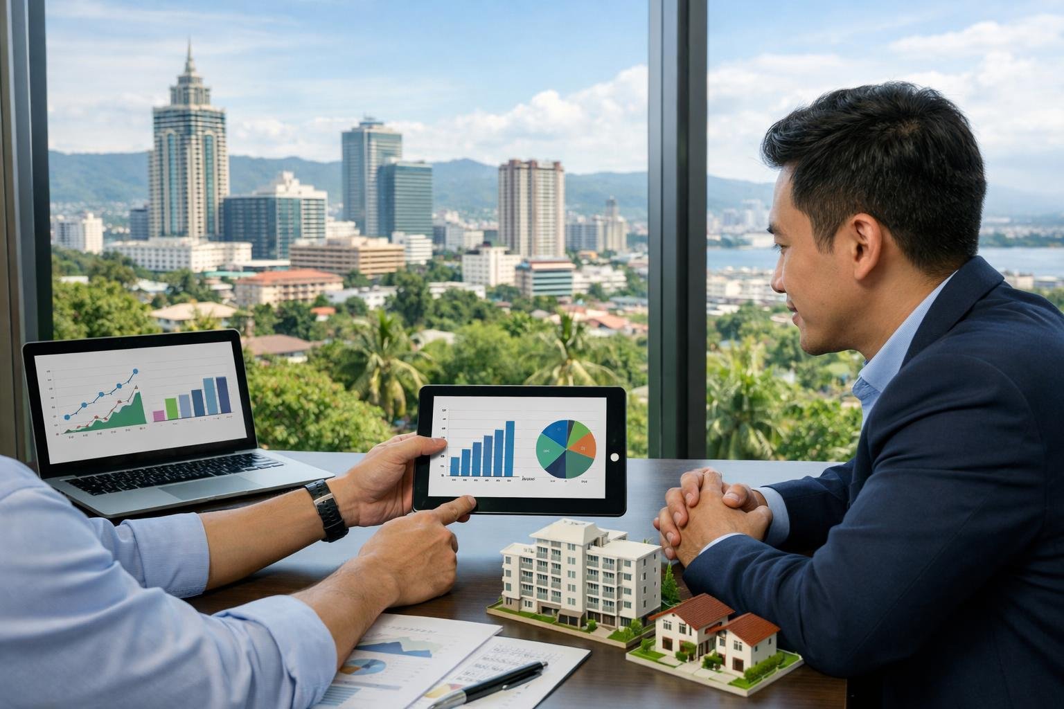 Two investors discussing property investment in an office with a view of Cebu city and real estate models on the desk.