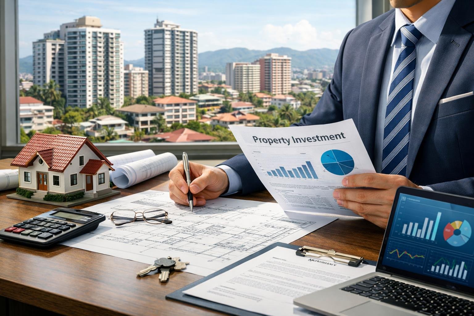 A business professional reviewing property documents and financial charts at a desk with a city skyline in the background.