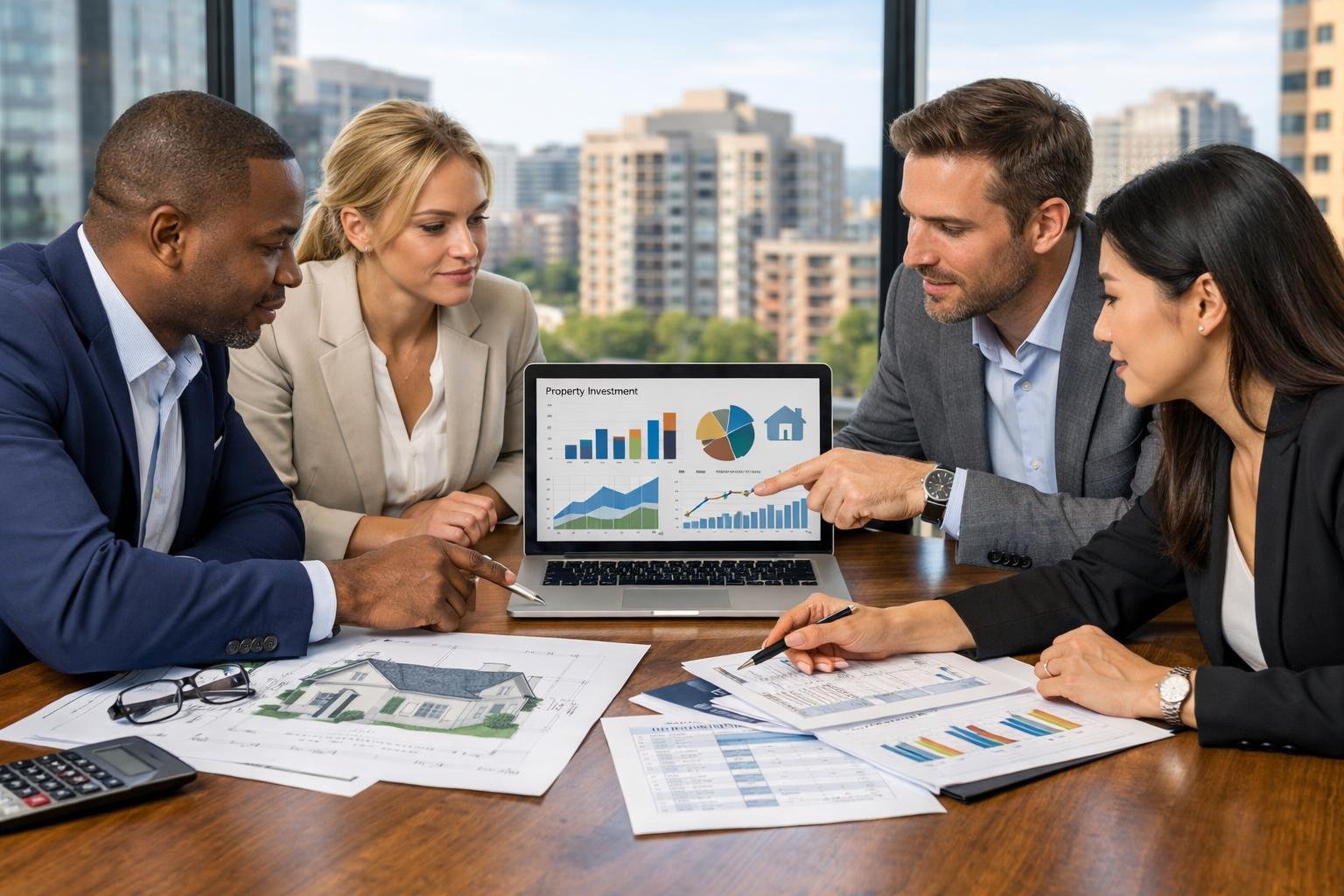 A group of professionals in a modern office discussing real estate documents and charts with a city skyline visible through a window.