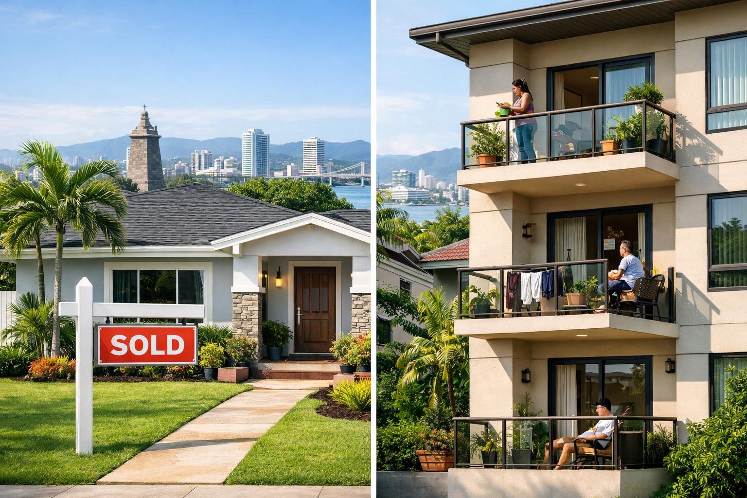 Split image showing a renovated house with a sold sign on one side and a rental apartment building with balconies on the other, with a cityscape in the background.