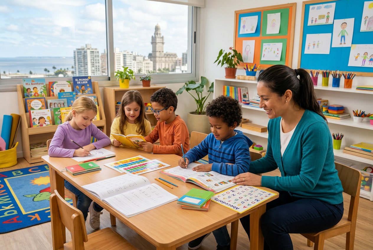 Una psicopedagoga ayuda a un niño con dificultades de aprendizaje en un aula luminosa en Montevideo.