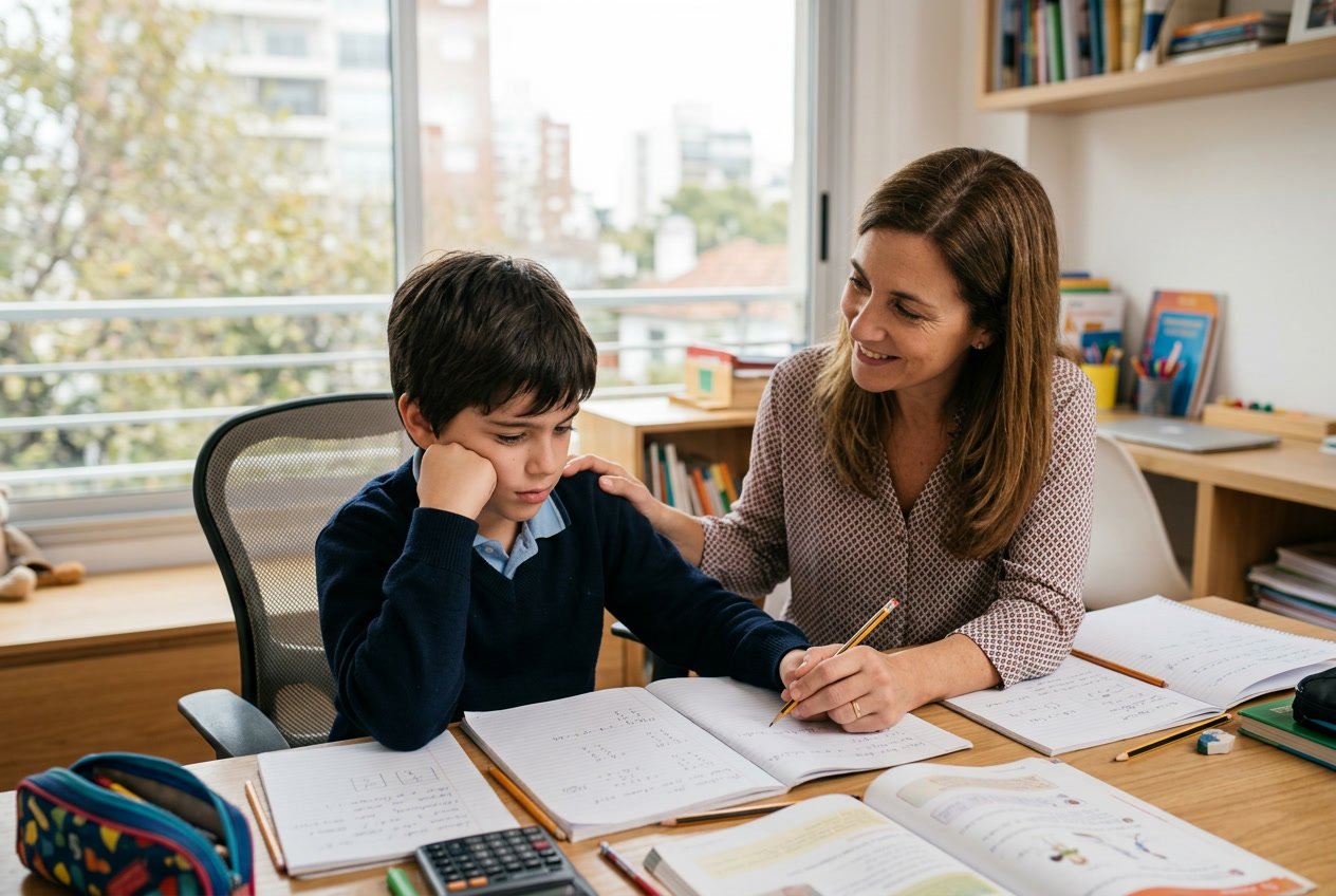 Niño sentado en un escritorio con libros, mirando pensativo, mientras un adulto lo apoya en un ambiente de estudio.