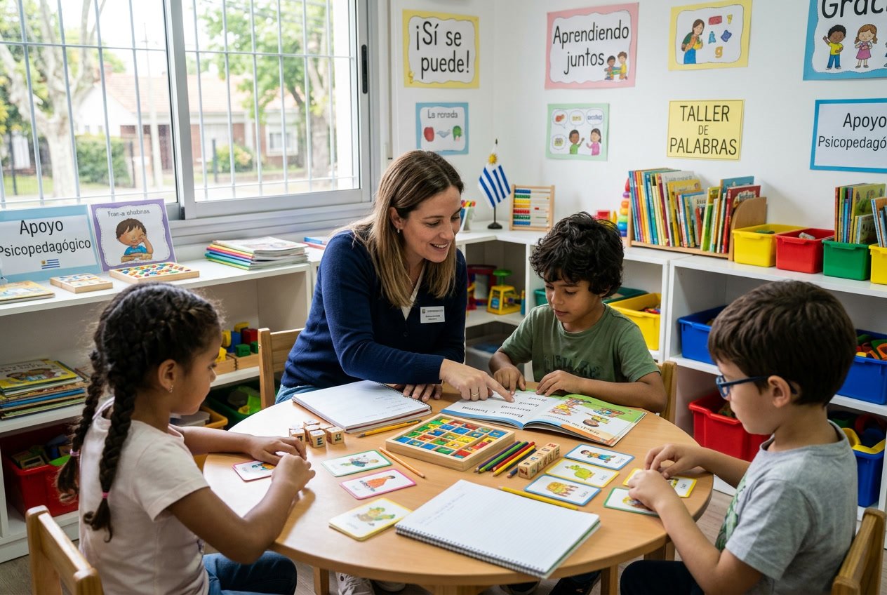 Niños y una tutora trabajando juntos en un aula moderna, enfocándose en actividades de lectura y comprensión.