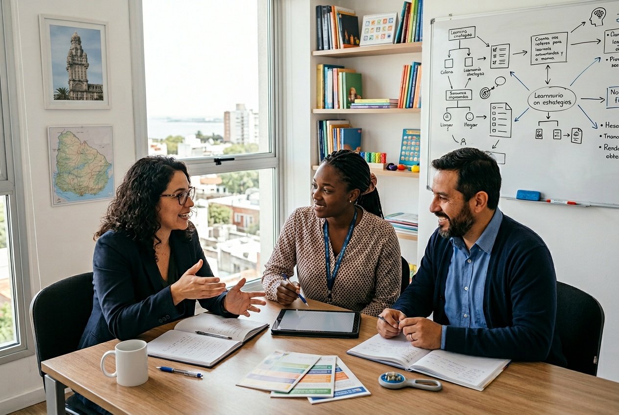 Un grupo diverso de profesionales educativos y de salud colaborando en una oficina moderna, discutiendo estrategias para apoyar dificultades de aprendizaje.