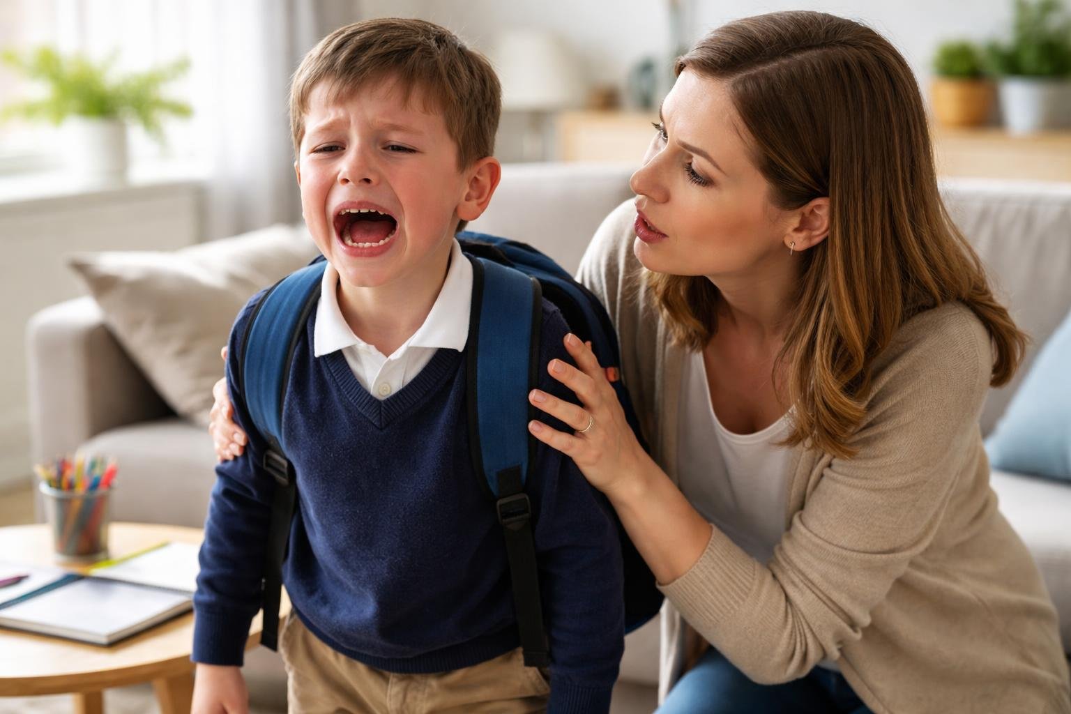 Niño pequeño teniendo un berrinche en casa después del colegio, con un adulto tratando de calmarlo en la sala.