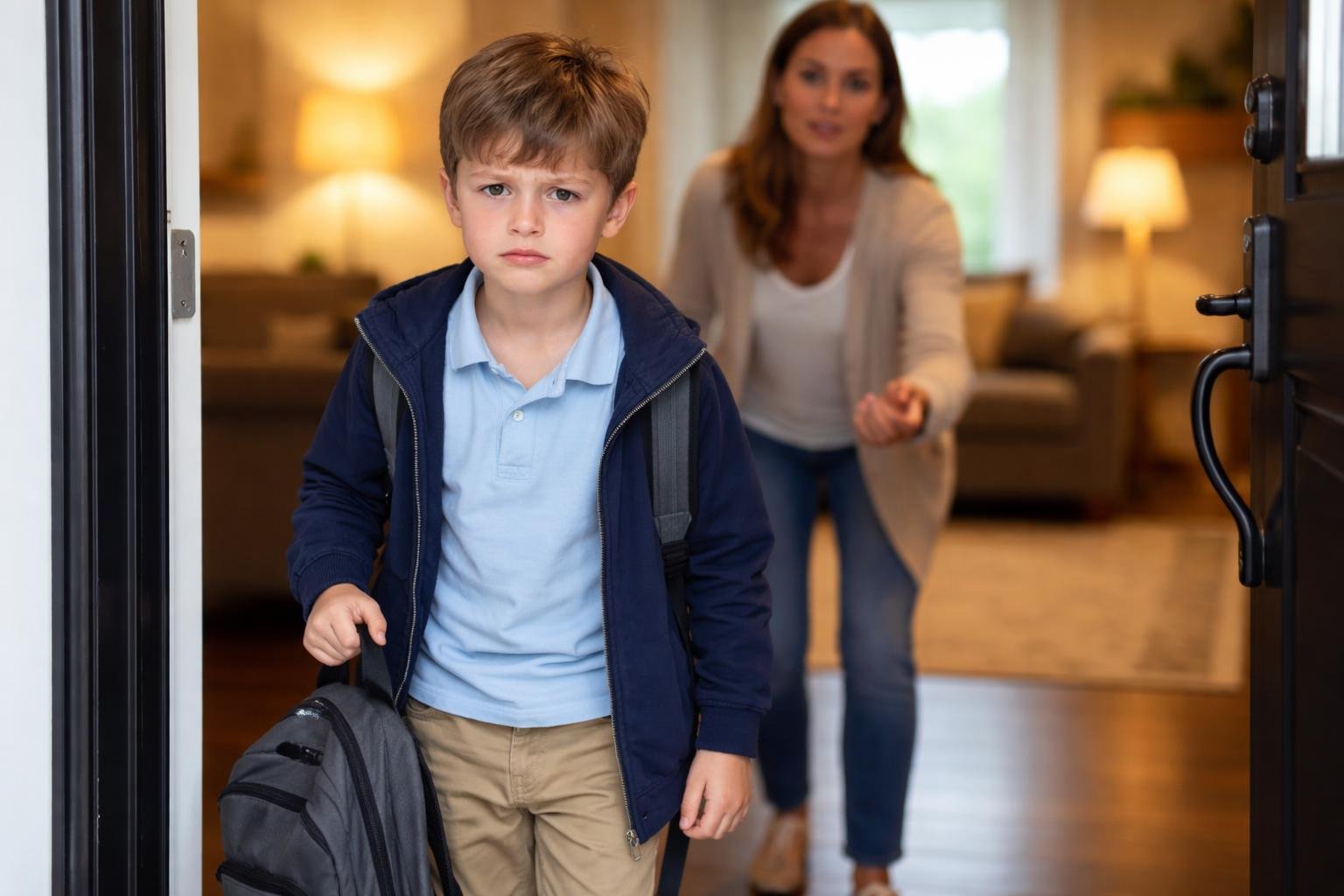 Niño con uniforme escolar mostrando frustración en la entrada de su casa mientras un adulto lo observa preocupado.