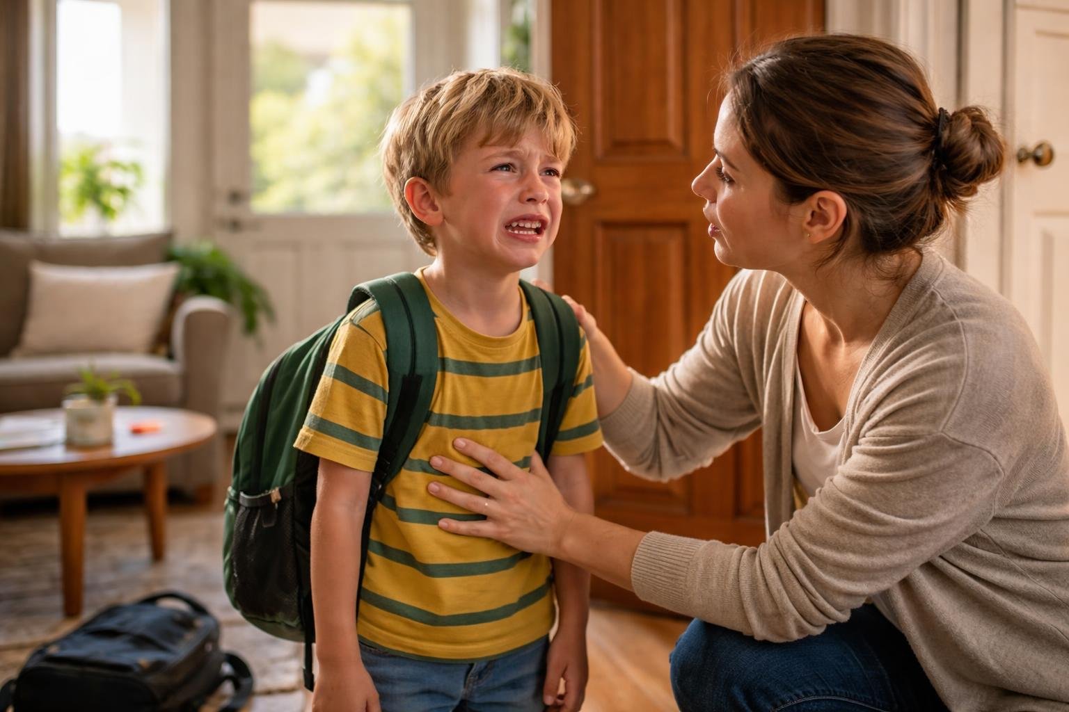 Niño pequeño teniendo un berrinche en casa después de la escuela mientras un adulto lo consuela.