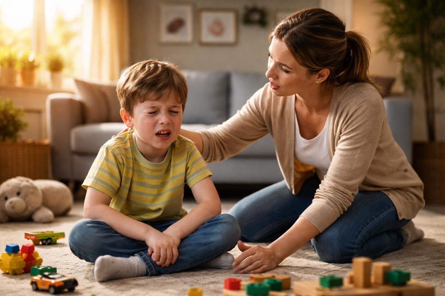 Un niño pequeño llorando en el suelo de la sala mientras un padre lo consuela en un hogar acogedor.