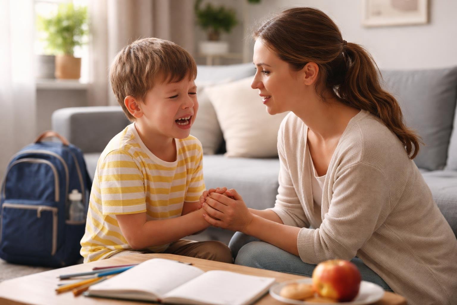 Madre calmando a su hijo que está molesto después de llegar de la escuela en la sala de una casa.