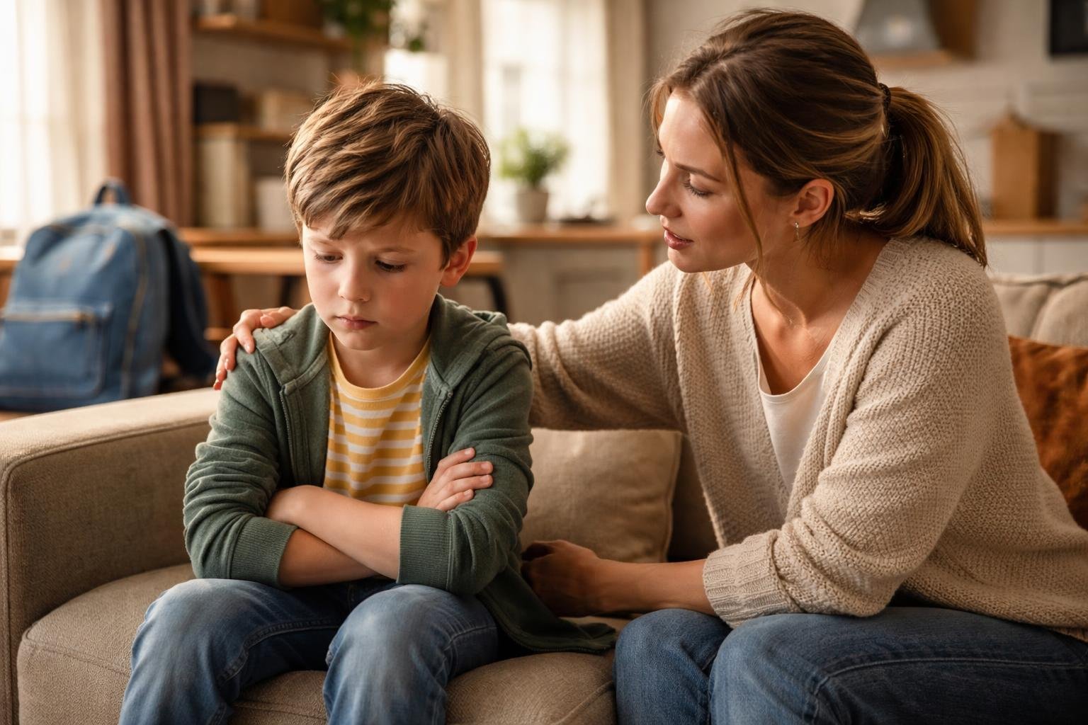 Un niño pequeño mostrando frustración en casa después de la escuela mientras un adulto lo consuela.