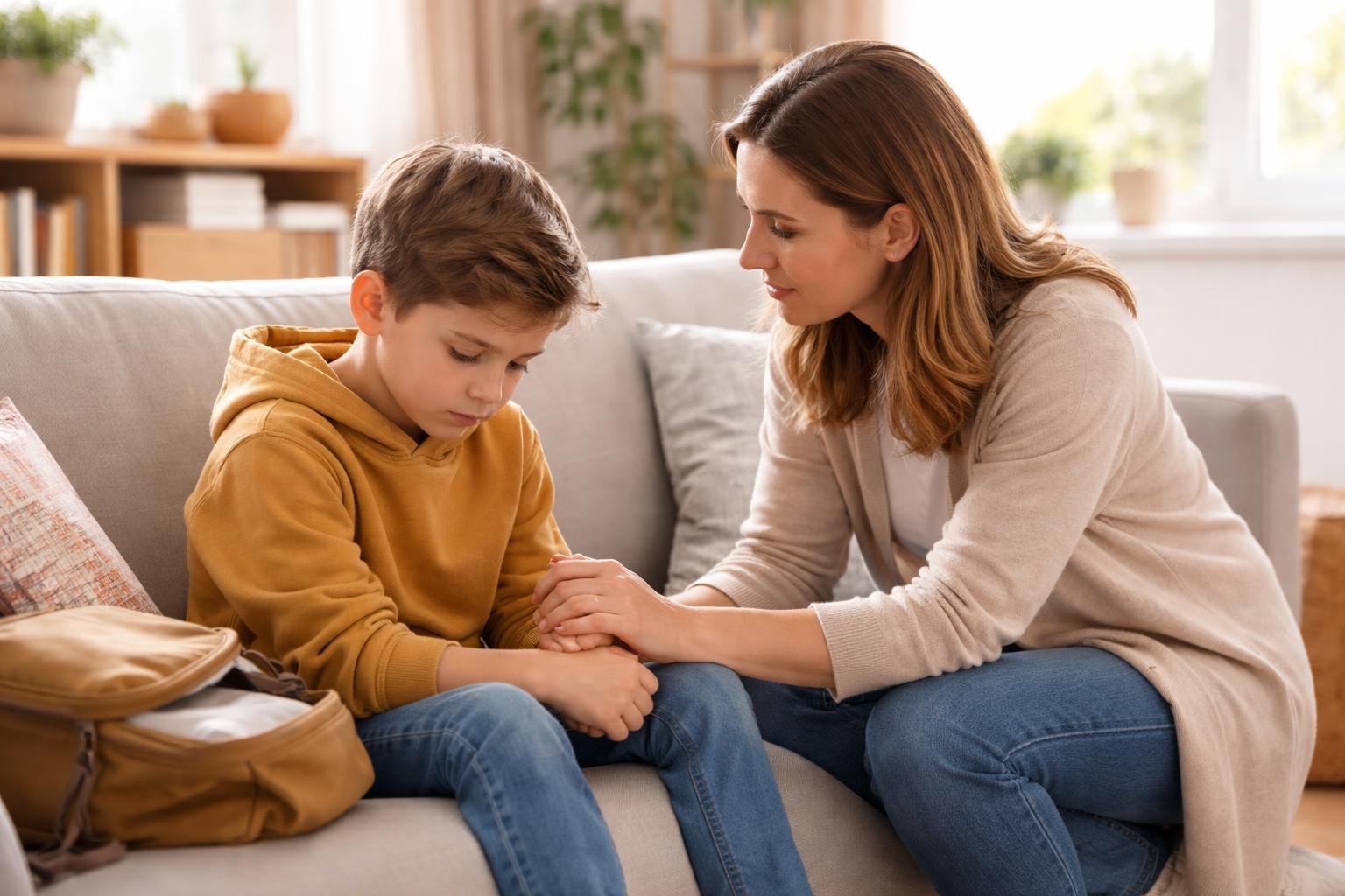 Madre consolando a su hijo pequeño en la sala de estar después del colegio.
