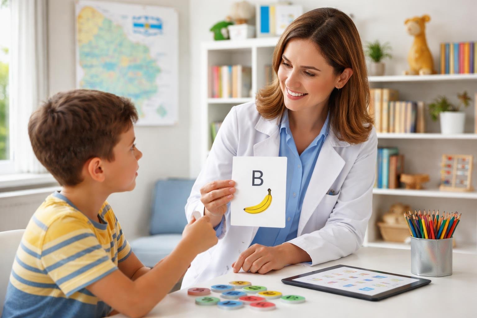 Un profesional de la salud atendiendo a un niño o adolescente en una consulta, realizando una evaluación para dislexia en un ambiente clínico moderno en Montevideo, Uruguay.