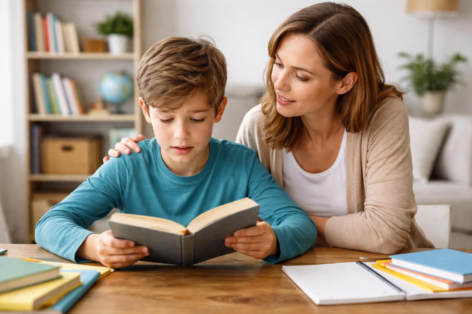 Un niño y su madre sentados en una mesa, el niño sostiene un libro y parece tener dificultad para leer, mientras la madre lo observa con atención y apoyo.
