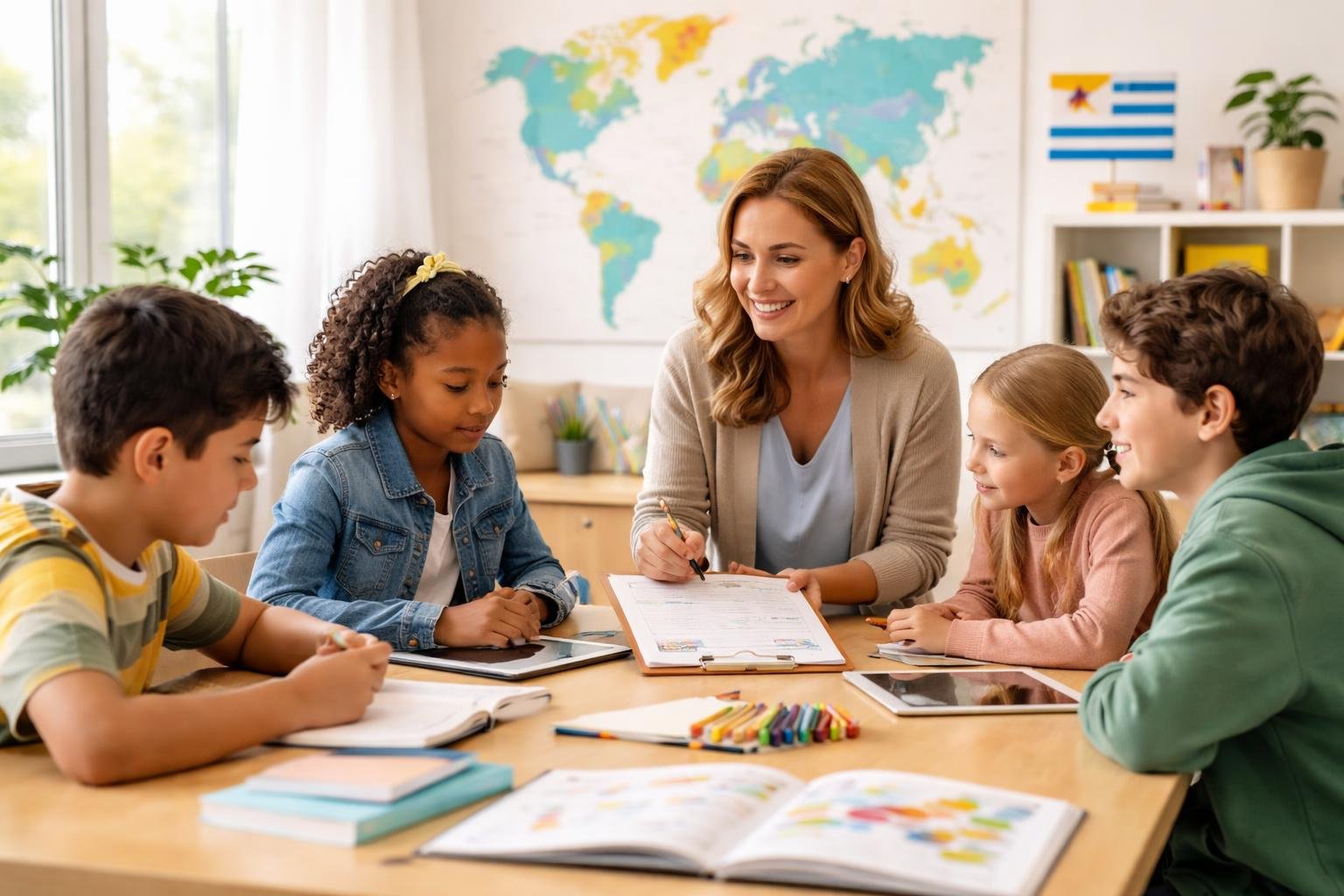 Niños y adolescentes en un aula con un especialista educativo, participando en actividades relacionadas con el diagnóstico y tratamiento de la dislexia.
