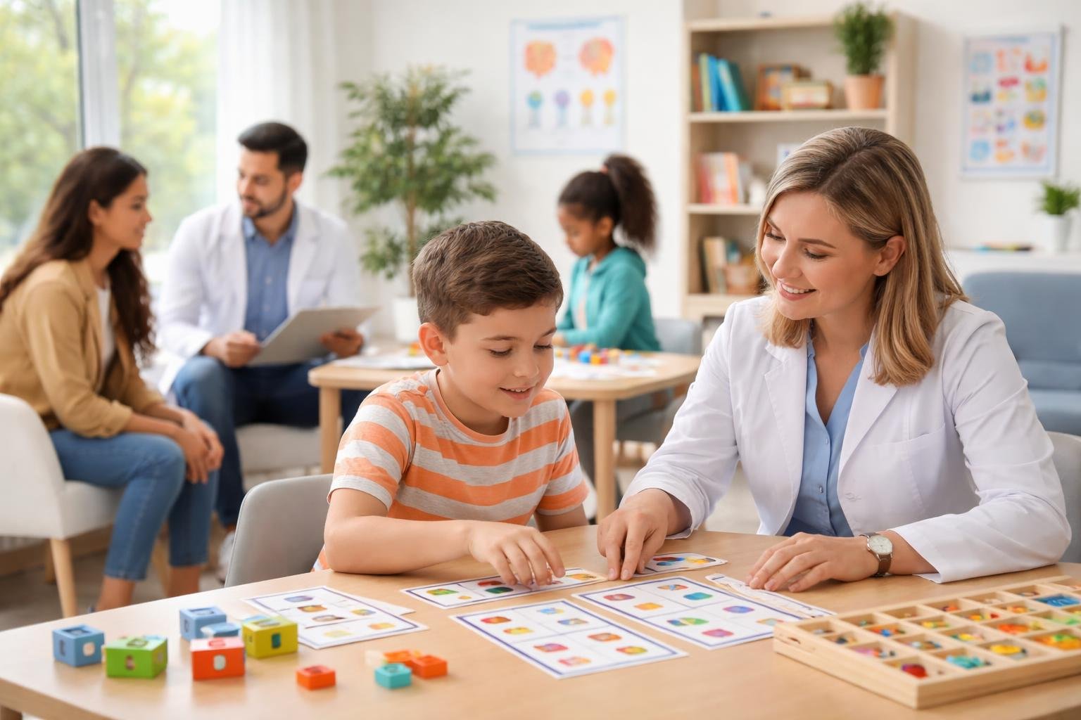 Niños y adolescentes en una clínica moderna en Montevideo siendo atendidos por profesionales de la salud en un ambiente cálido y acogedor para el diagnóstico y tratamiento de la dislexia.
