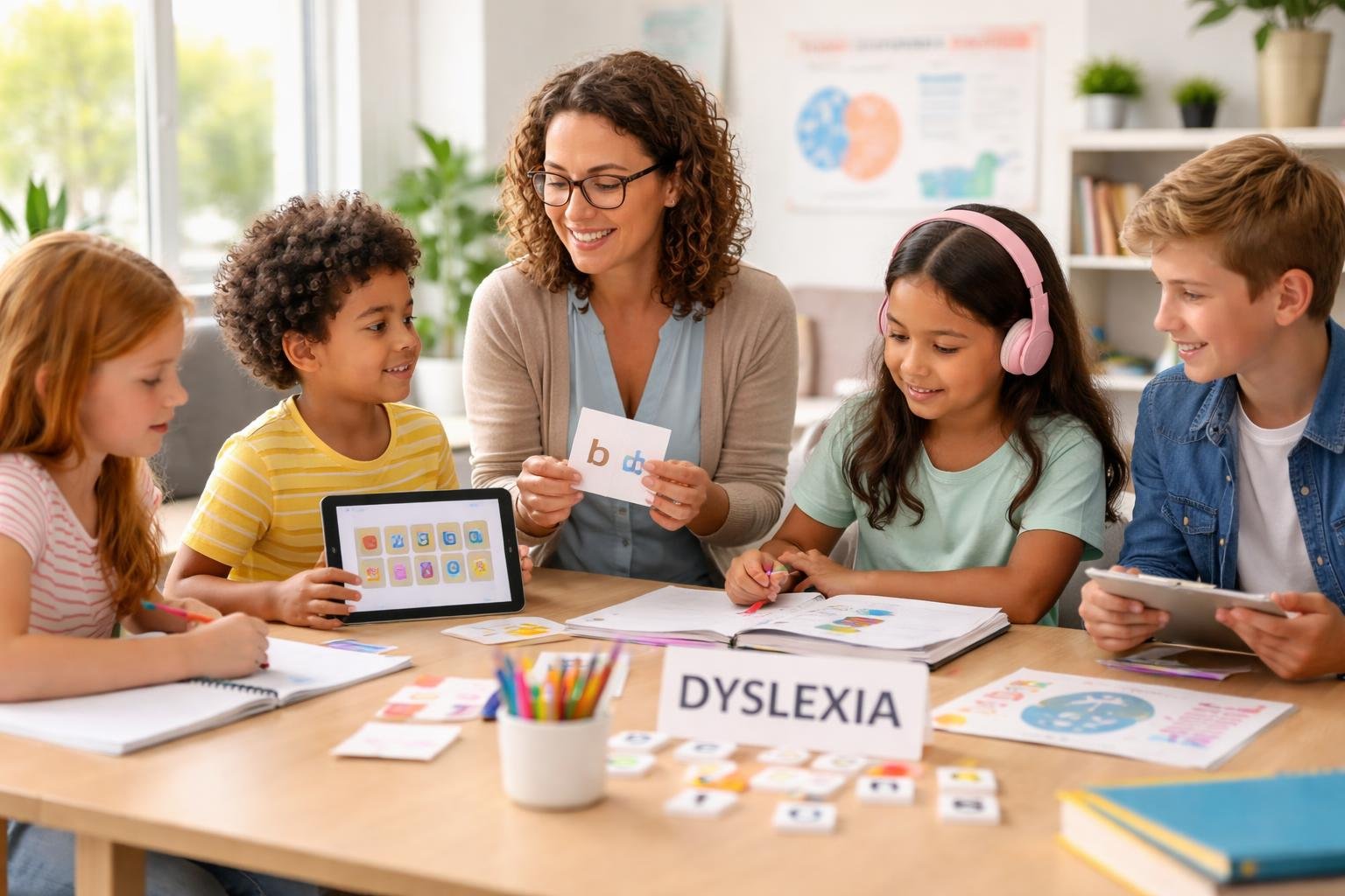 Niños y adolescentes en una consulta educativa con un especialista que los ayuda en el diagnóstico y tratamiento de la dislexia.