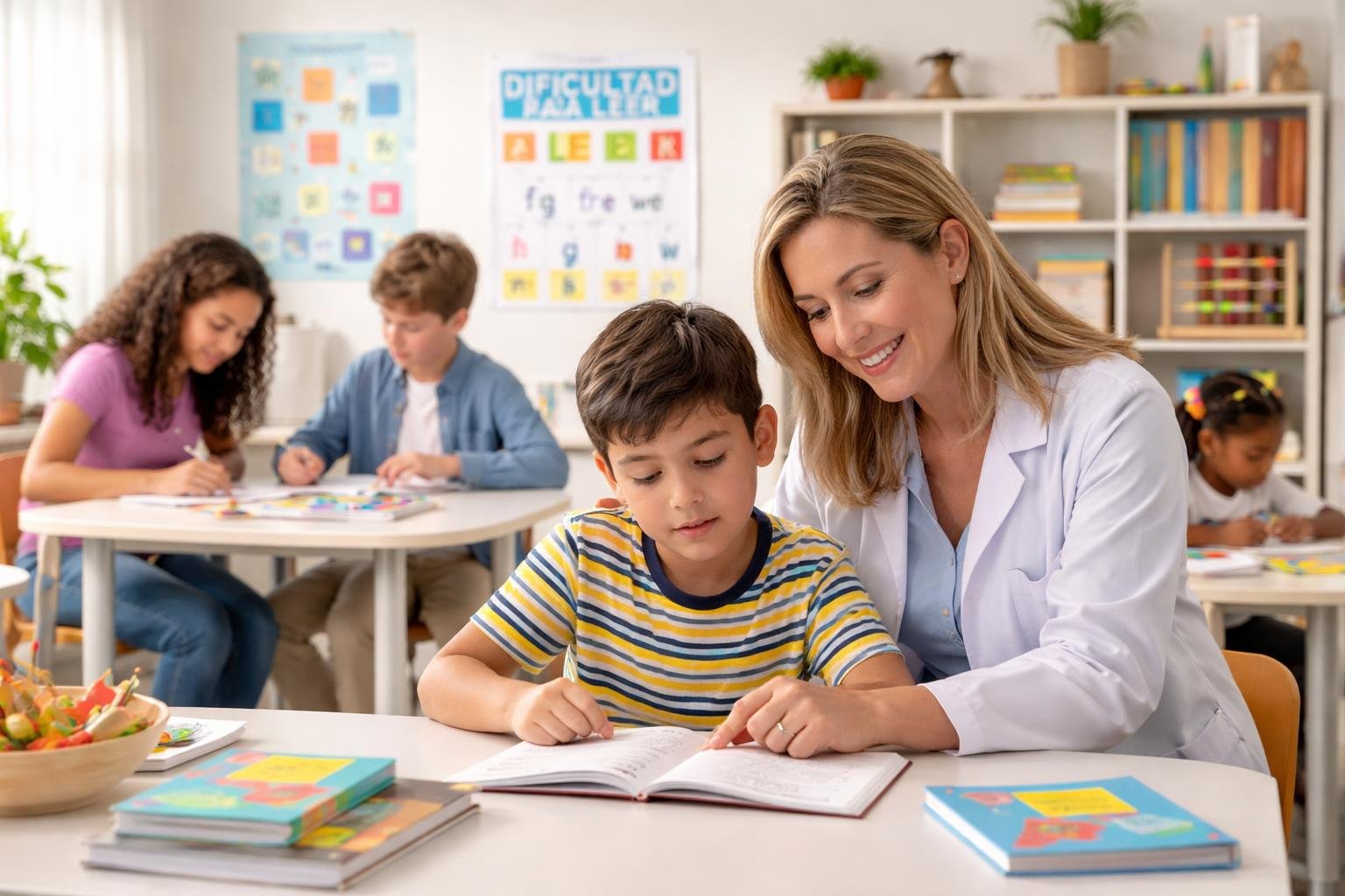 Niños y adolescentes en una clínica pediátrica recibiendo ayuda de una especialista en actividades de lectura.
