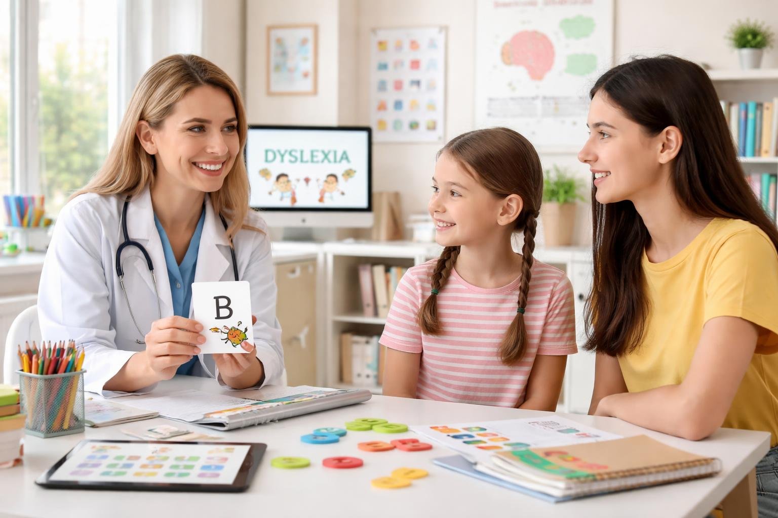 Una especialista pediátrica atiende a un niño y un adolescente en una consulta médica luminosa y moderna.