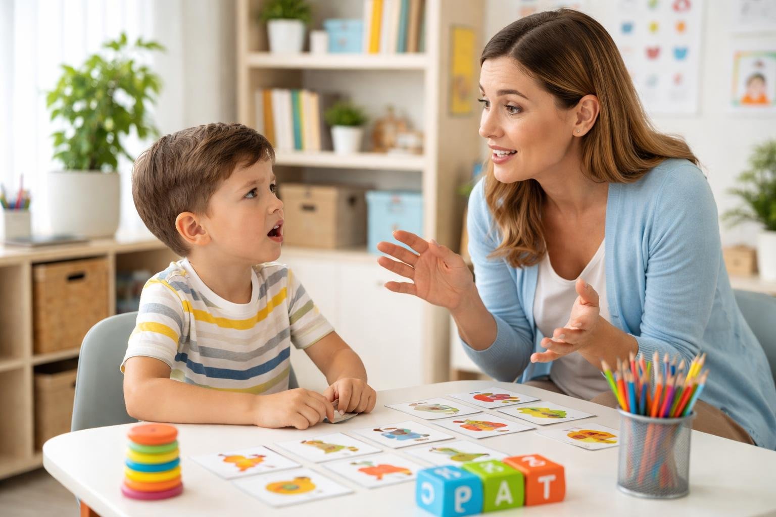 Una terapeuta del habla trabajando con un niño pequeño en una clínica luminosa, usando juguetes y tarjetas para ayudarlo a mejorar su lenguaje.