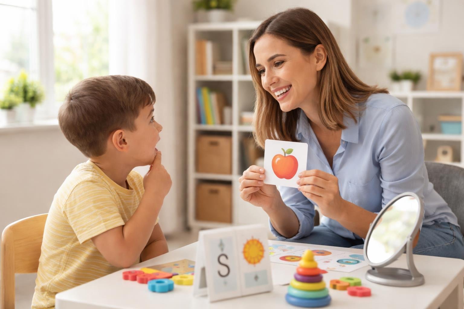 Una terapeuta del habla trabajando con un niño pequeño en una sala de terapia luminosa y acogedora.