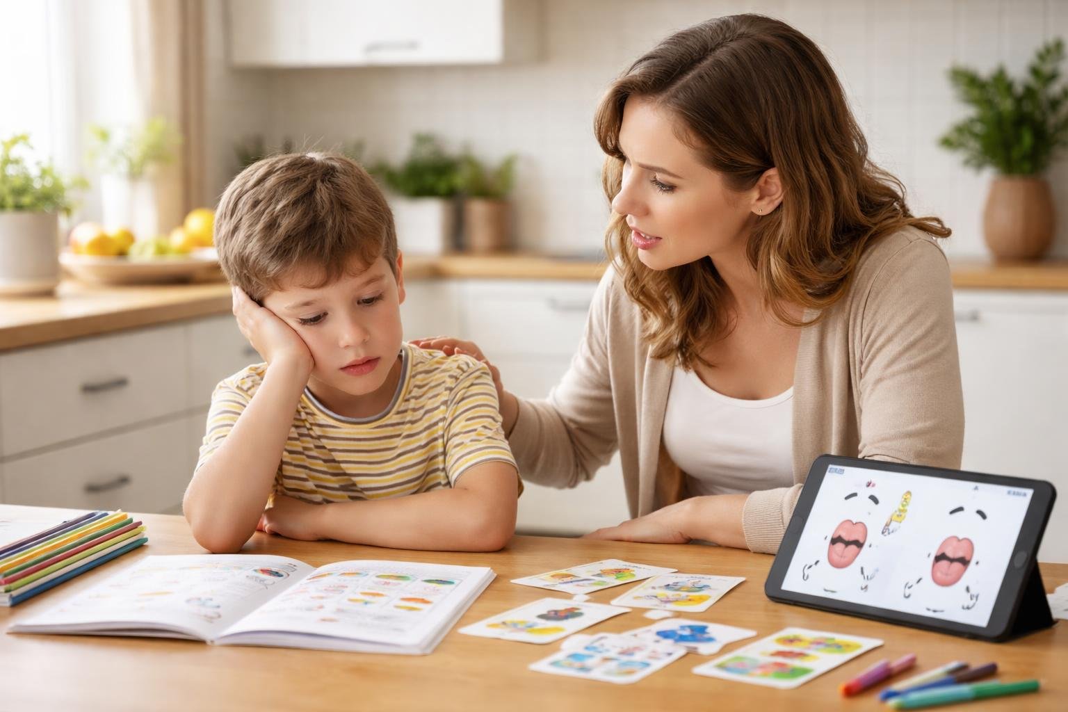 Madre preocupada hablando con su hijo pequeño que parece frustrado en una mesa con materiales de terapia del lenguaje.