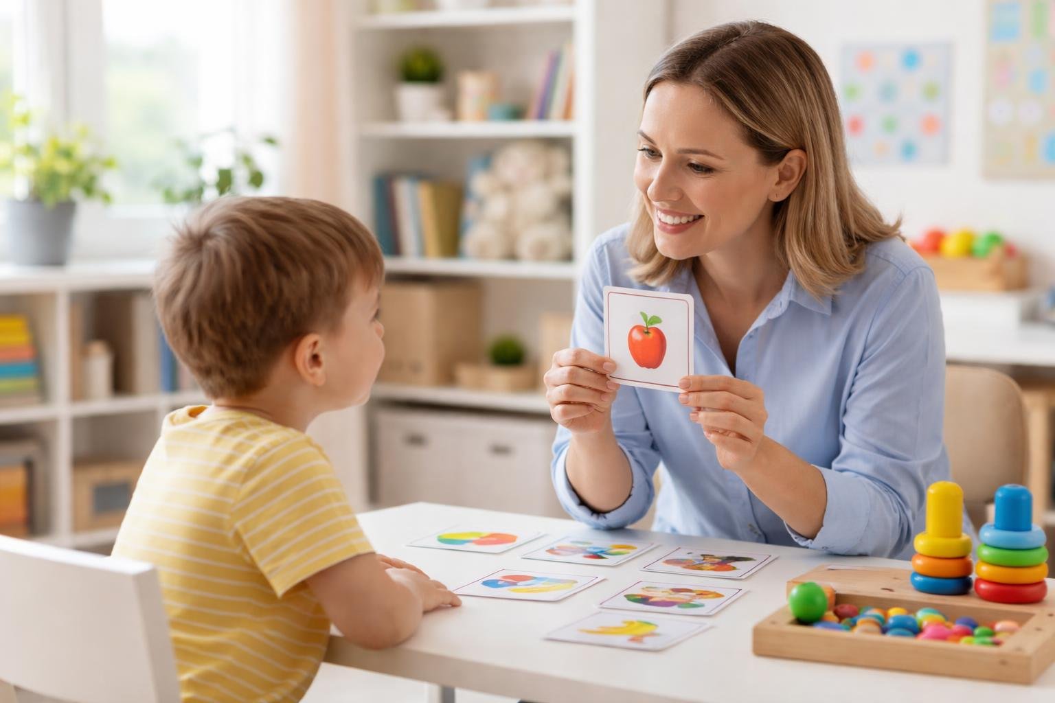 Una terapeuta del habla trabajando con un niño pequeño en una sala de terapia luminosa y acogedora.