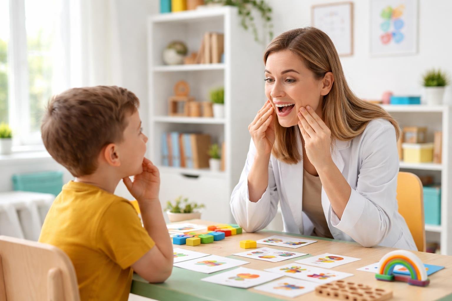 Terapeuta del habla trabajando con un niño pequeño en una clínica, usando juguetes y materiales para mejorar el lenguaje.