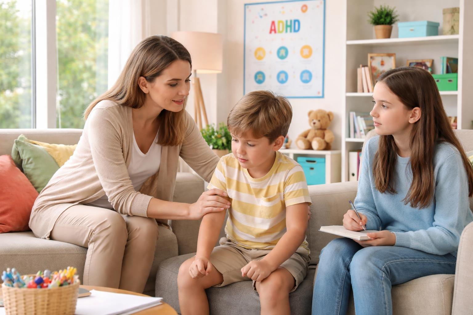 Una terapeuta atiende a un niño frustrado y a una adolescente en una sala de terapia acogedora y luminosa.