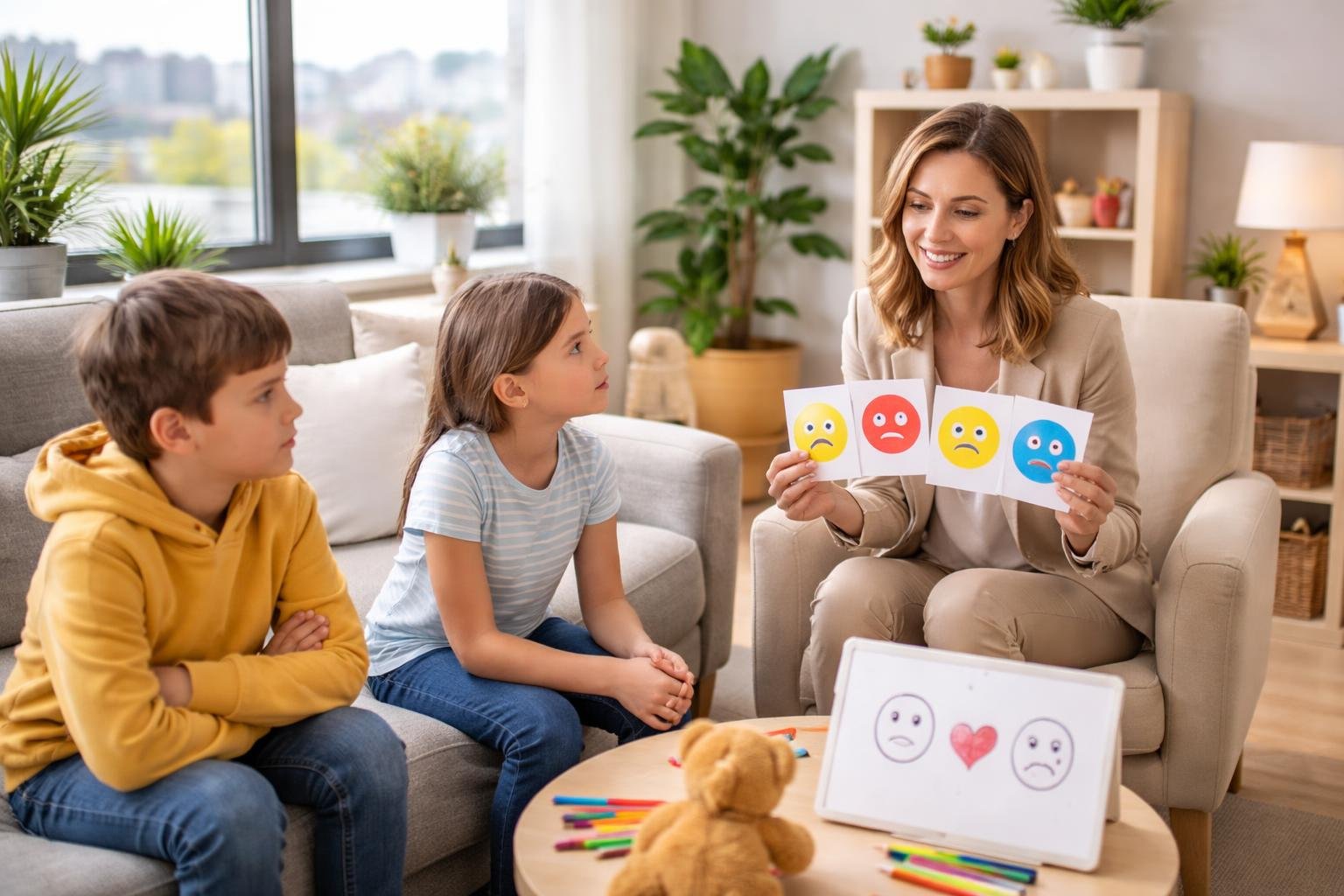 Una terapeuta femenina atiende a dos niños en una sala de terapia luminosa y acogedora, con materiales terapéuticos visibles y un ambiente tranquilo.