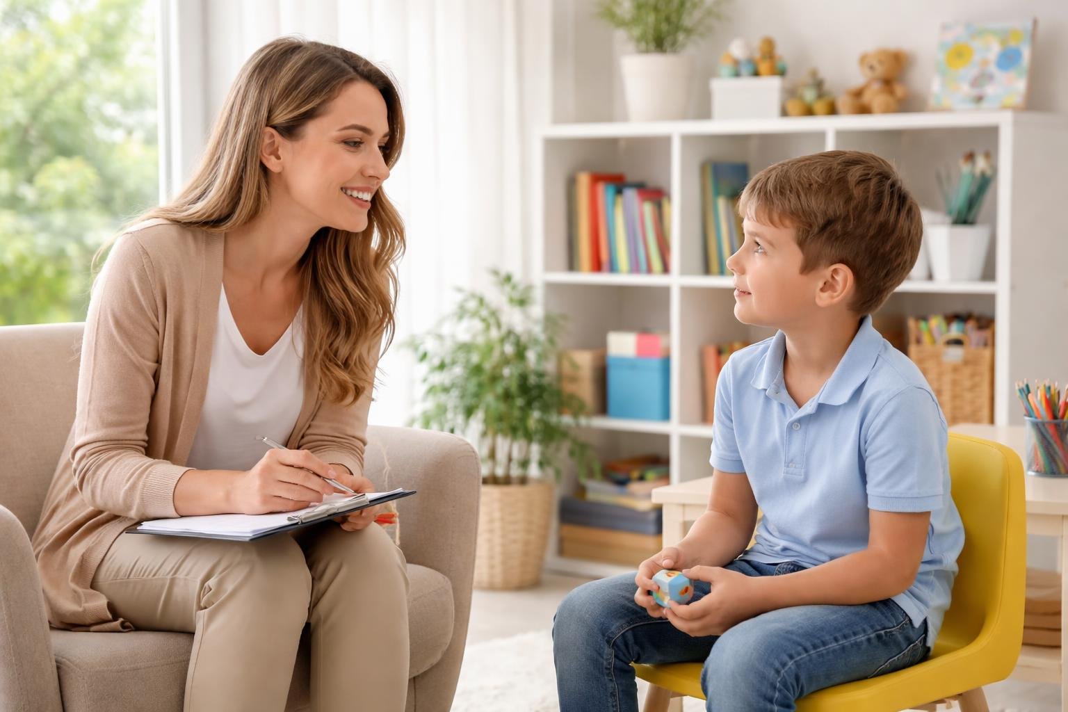 Una terapeuta sonriente interactúa con un niño en una oficina de terapia luminosa y acogedora.