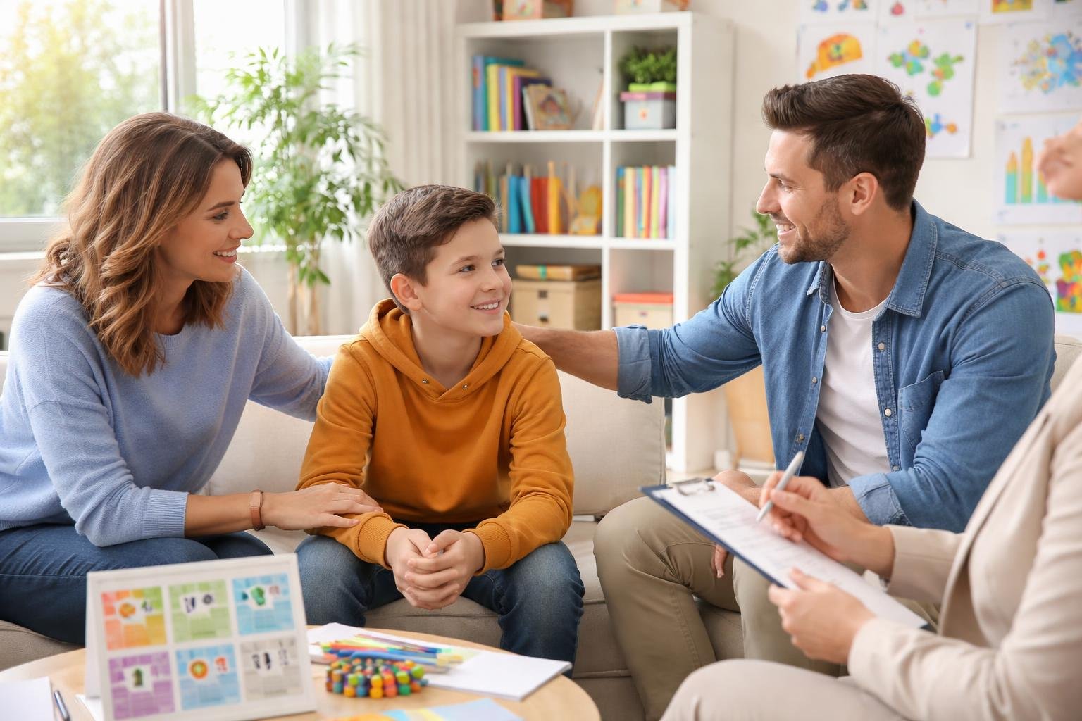 Un niño con sus padres y un terapeuta en una sesión de terapia en una sala escolar, mostrando colaboración y apoyo mutuo.