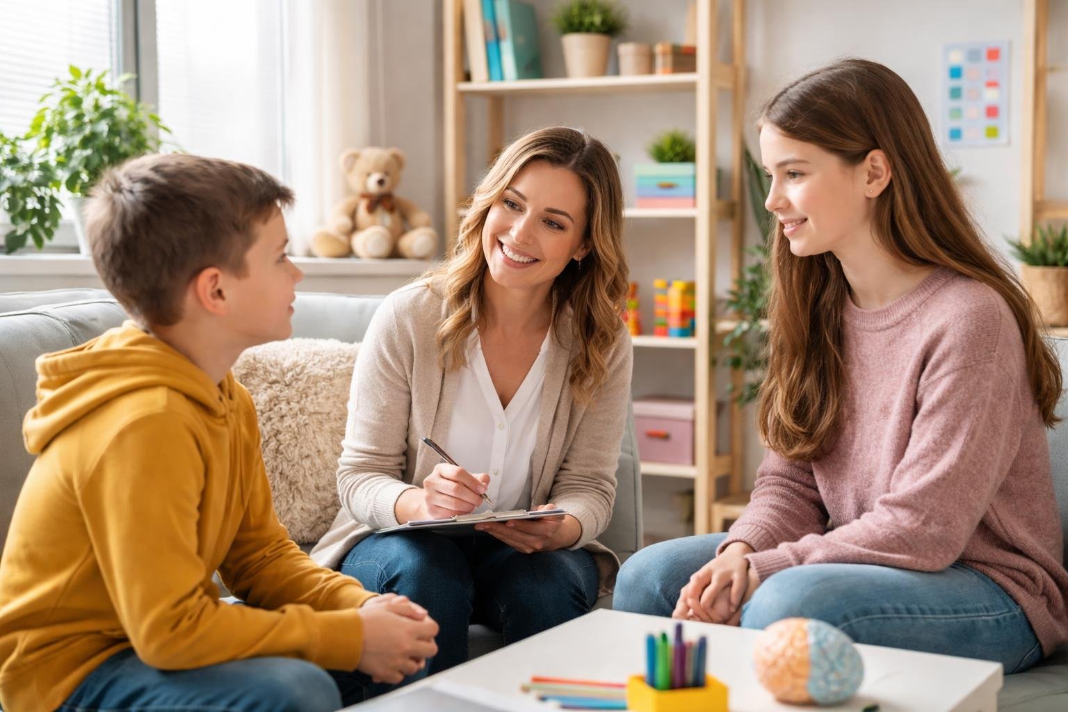 Una terapeuta amable conversa con un niño y una adolescente en una oficina luminosa y acogedora, con juguetes y libros alrededor.