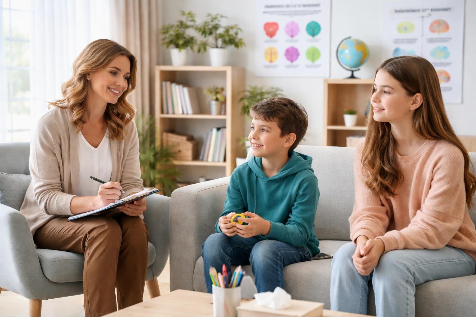Una terapeuta sonriente en una oficina luminosa hablando con un niño y una adolescente en una sesión de terapia.