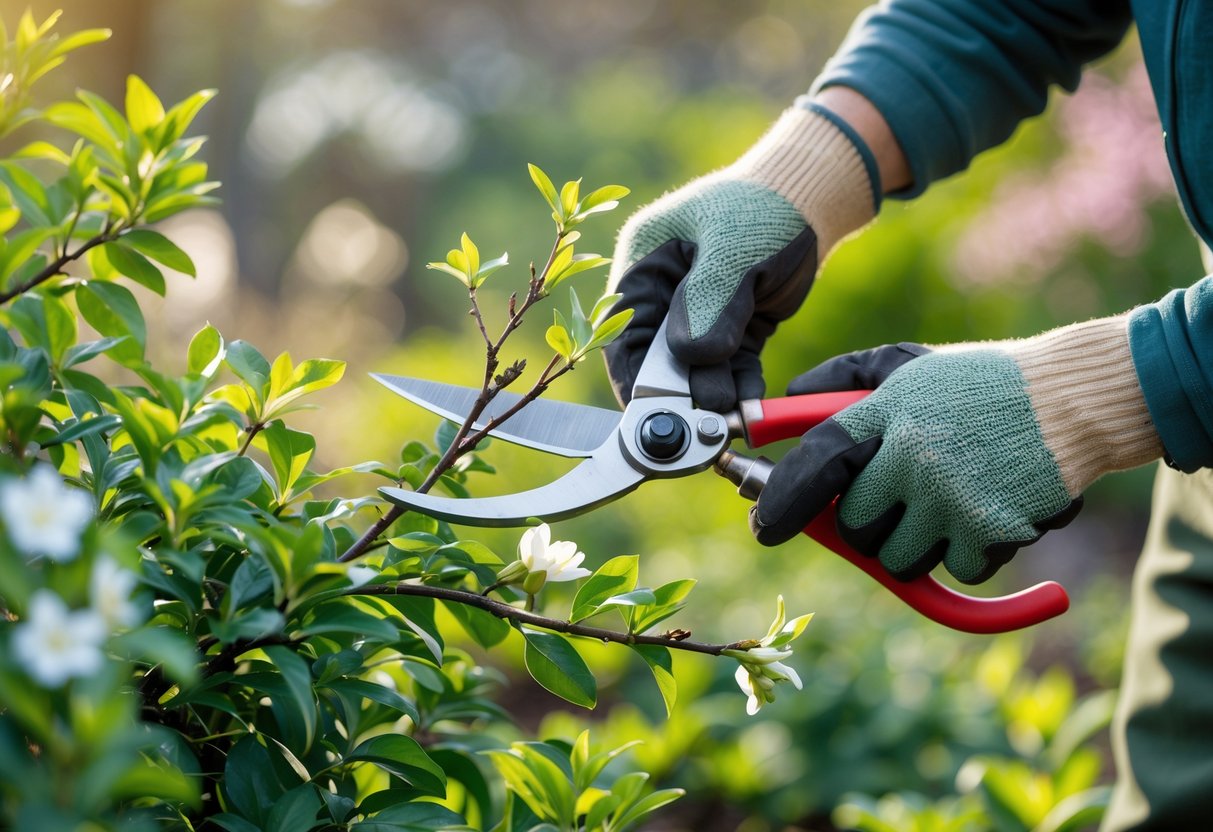 Hands wearing gardening gloves using pruning shears to trim green branches on a shrub in a garden during spring.