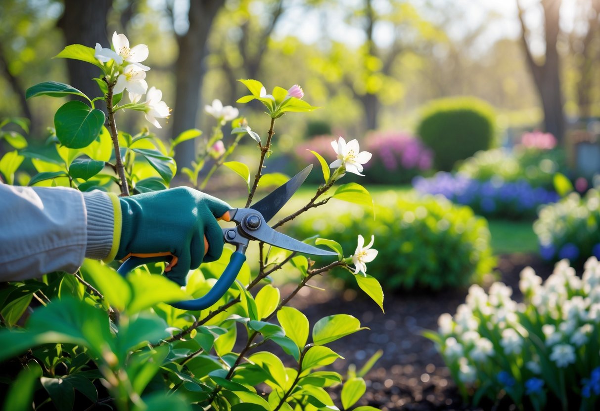 Gardener pruning a flowering shrub in a garden during early spring.