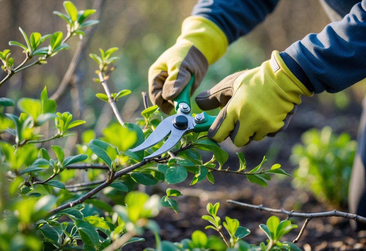 Hands wearing gardening gloves trimming green branches with pruning shears in a spring garden.