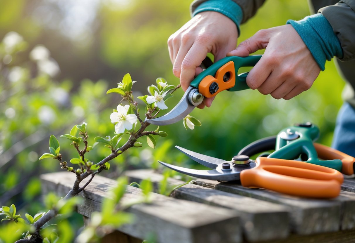 Close-up of hands using pruning shears to trim a flowering shrub with fresh buds and blossoms in a garden setting.