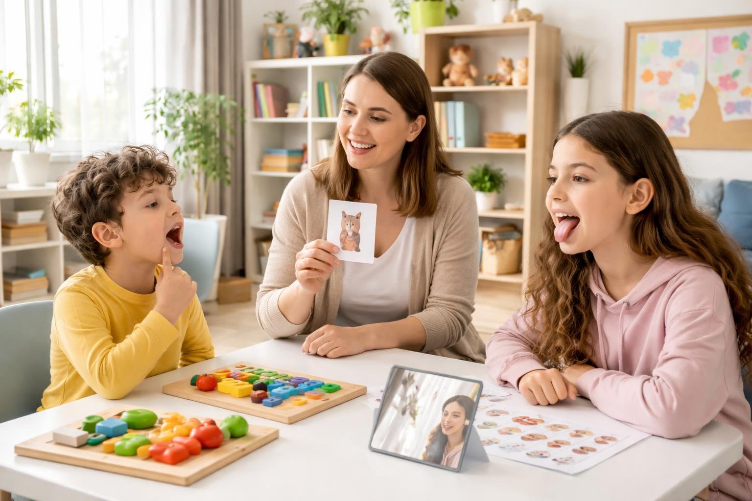 Una fonoaudióloga infantil trabajando con un niño y un adolescente en una sala de terapia luminosa y acogedora.