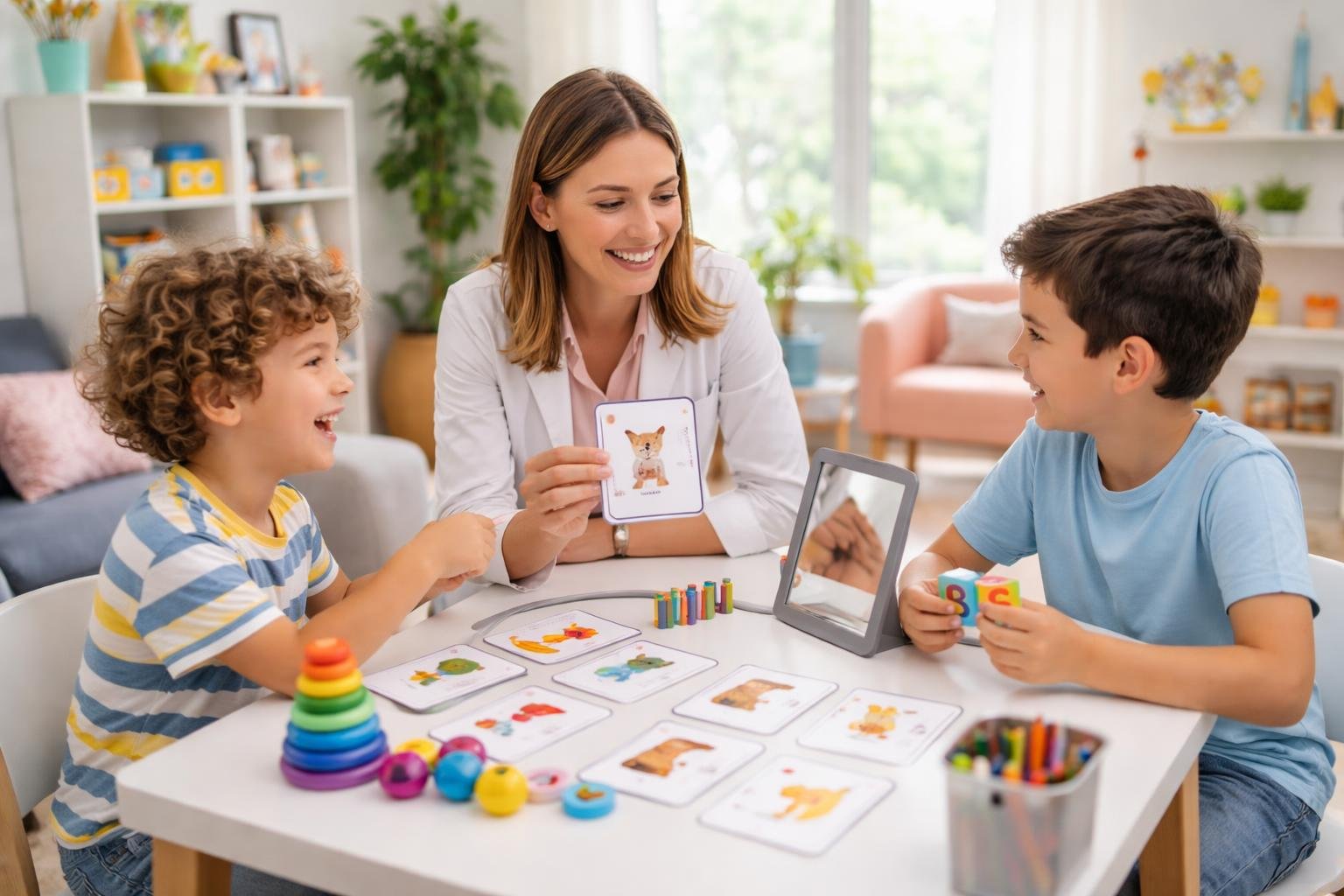 Una terapeuta del habla atendiendo a un niño y un adolescente en una clínica infantil, usando materiales de terapia en un ambiente acogedor y profesional.