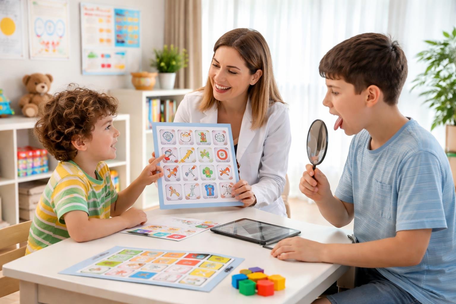 Una fonoaudióloga trabajando con un niño y un adolescente en una sesión de terapia del lenguaje en un consultorio luminoso y acogedor.