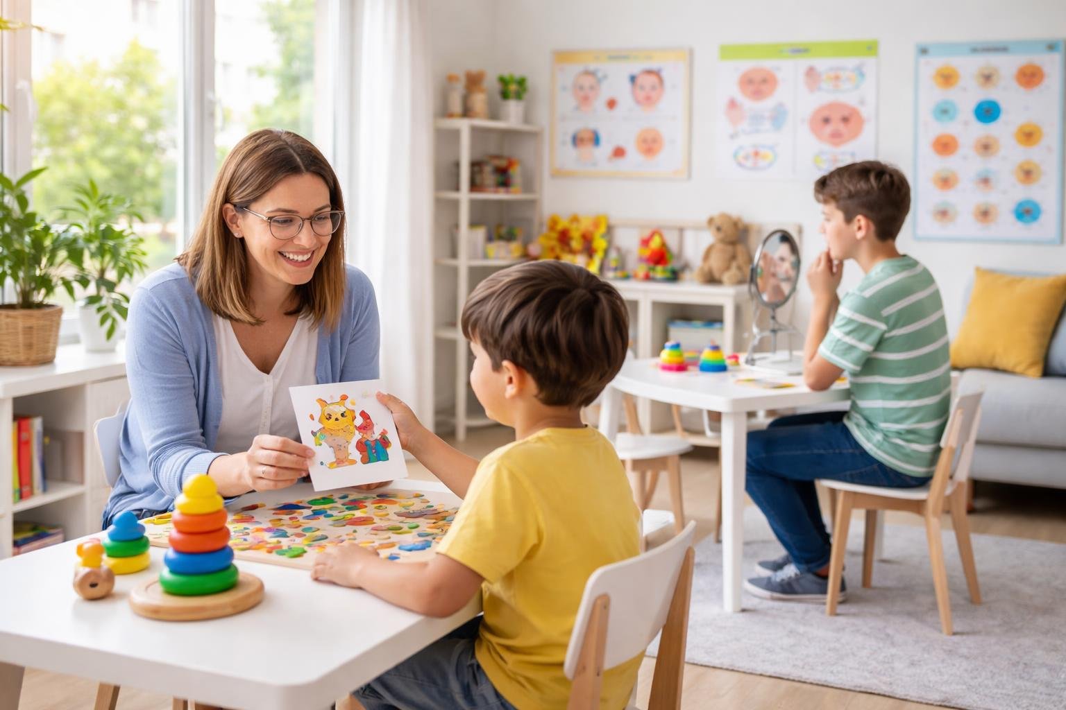 Una terapeuta del habla trabajando con niños y adolescentes en una sala de terapia luminosa y acogedora.
