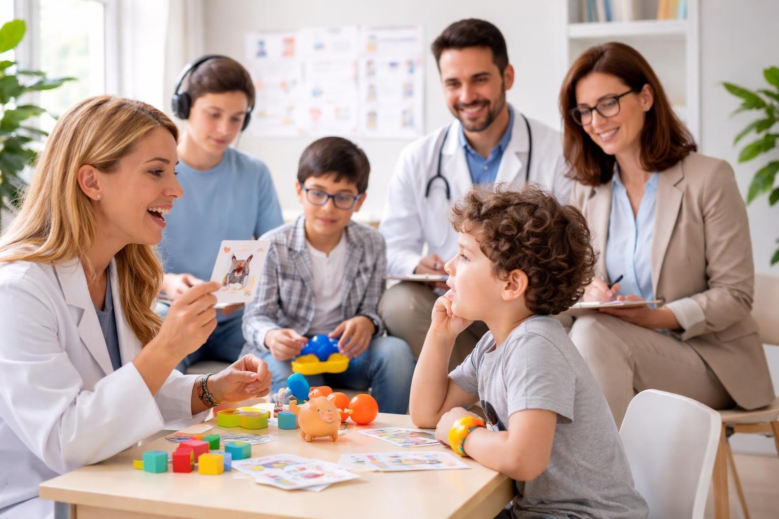 Un equipo multidisciplinario de profesionales de la salud trabajando con niños y adolescentes en terapia de lenguaje en un consultorio moderno.