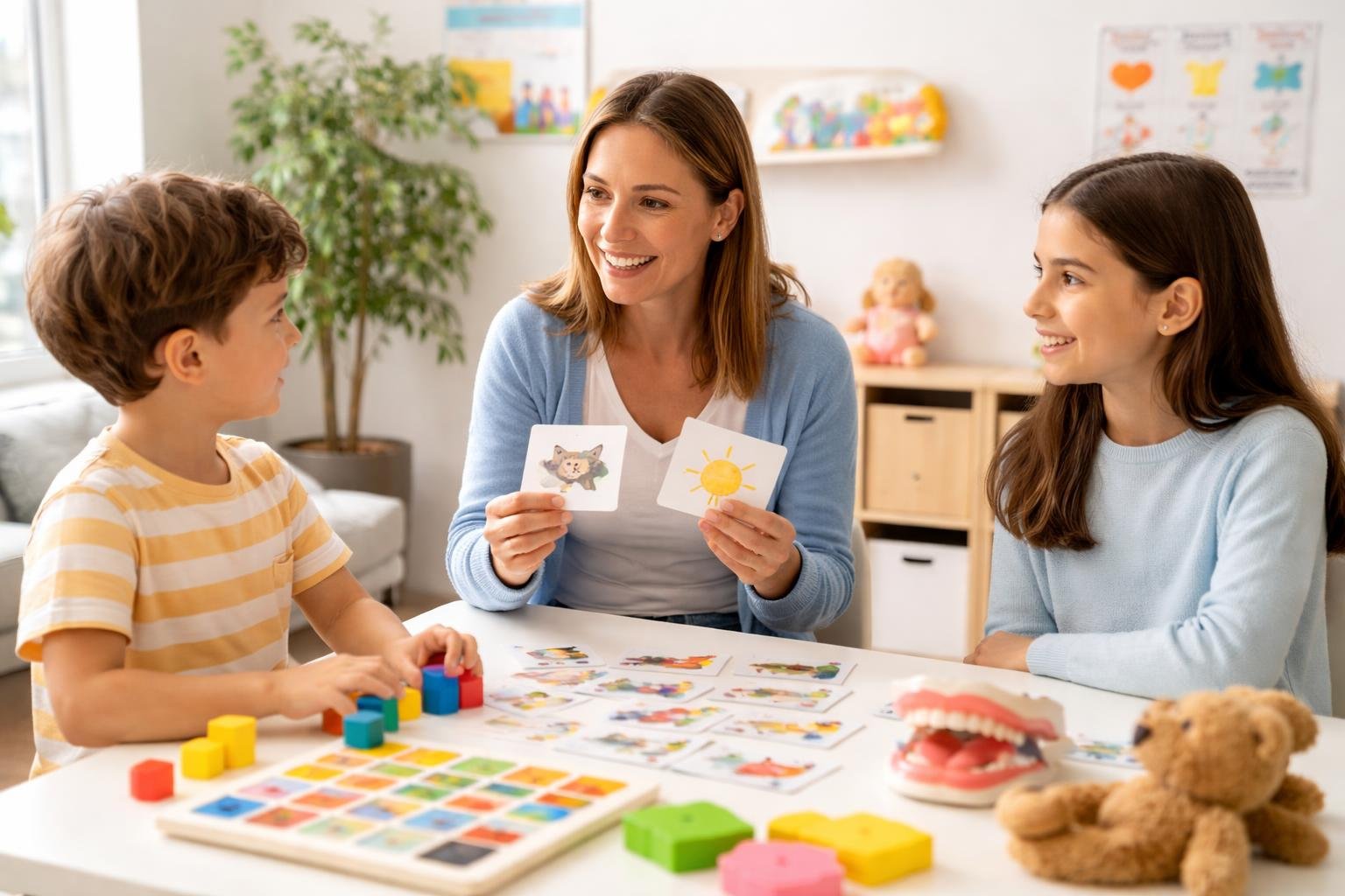Una terapeuta del habla trabajando con un niño y un adolescente en una sala de terapia infantil luminosa y acogedora.