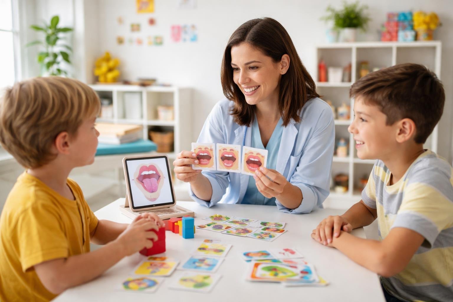 Una terapeuta del habla atendiendo a un niño y un adolescente en una clínica infantil, usando materiales educativos para apoyar el desarrollo del lenguaje.