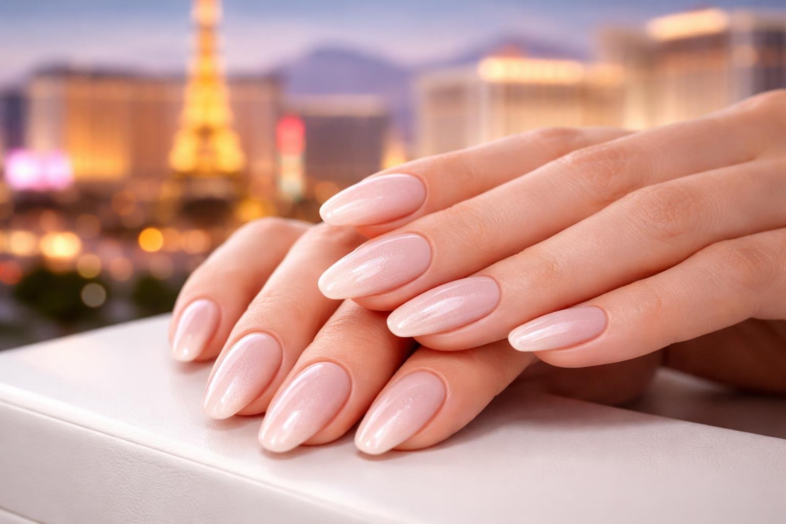 Close-up of a woman's hands with glossy manicured nails resting on a surface, with a blurred Las Vegas skyline in the background.