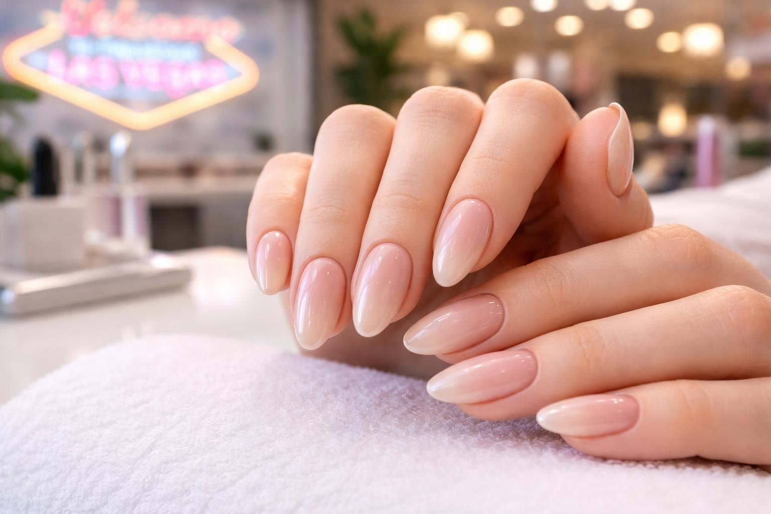 Close-up of hands with glossy builder gel nails resting on a white surface in a nail salon.